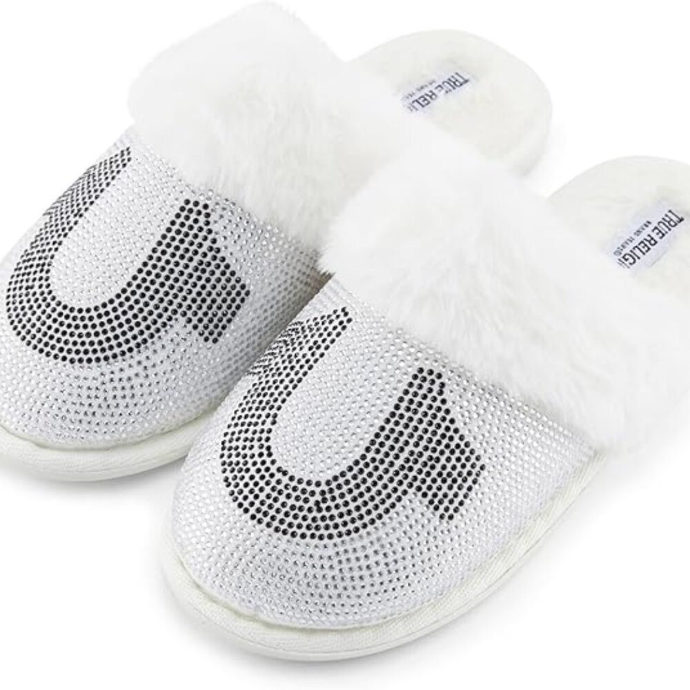 True Religion Girl’s White Crystal "U" Logo Slippers–Faux Fur Sz Sm (11-12) NWT.
